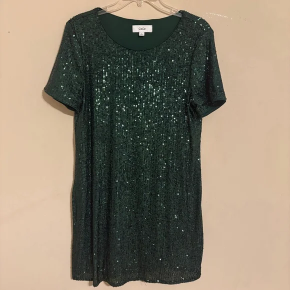 CeCe Emerald Green Sequin Godet Short Sleeve Shimmer Dress M - Picture 5 of 14